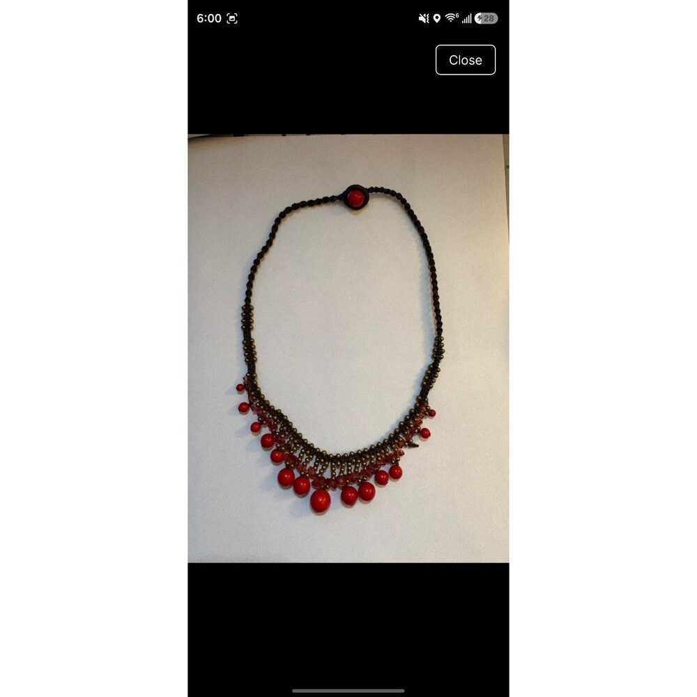 Handmade Knotted Brass Bead Bib Necklace Red Drop Beads Boho Tribal Statement - Picture 7 of 16